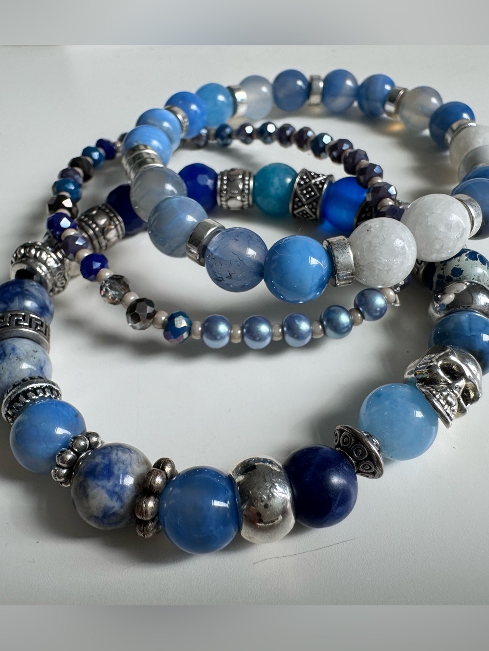 3 Blue Quartz Beaded Stretchy Bracelets with Silver Accents